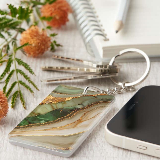 Green And Gold Marble Pattern Key Ring (Front Right)