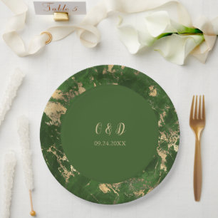 Green And Gold Marble Wedding  Paper Plate