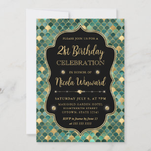 Green and Gold Mermaid Scales Frame Birthday Invitation