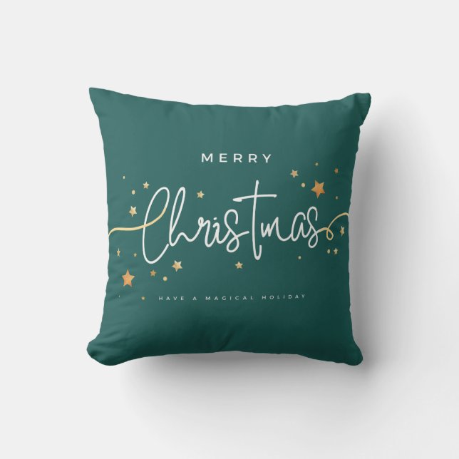 Green and Gold Merry Christmas Seasonal Winter Cushion (Front)
