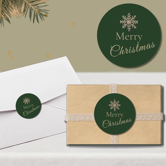 Green and Gold Merry Christmas Snowflake Classic Round Sticker (Creator Uploaded)