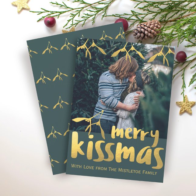 Green and Gold Merry Kissmas Photo Holiday Card (Add your photo and getting to this modern Merry Kissmas Christmas Card)