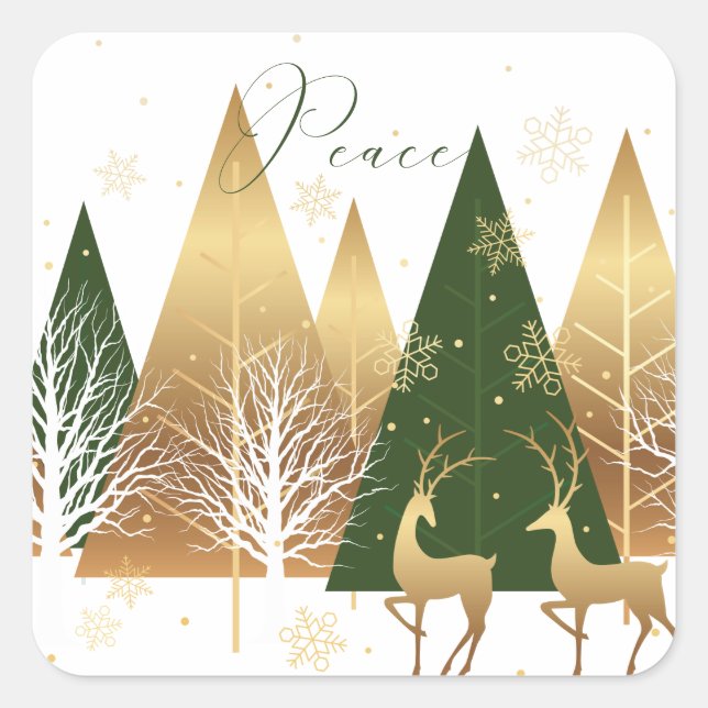 Green and Gold Modern Christmas Peace Holiday Square Sticker (Front)