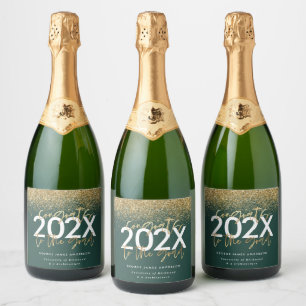 green and gold modern script glitter graduation sparkling wine label