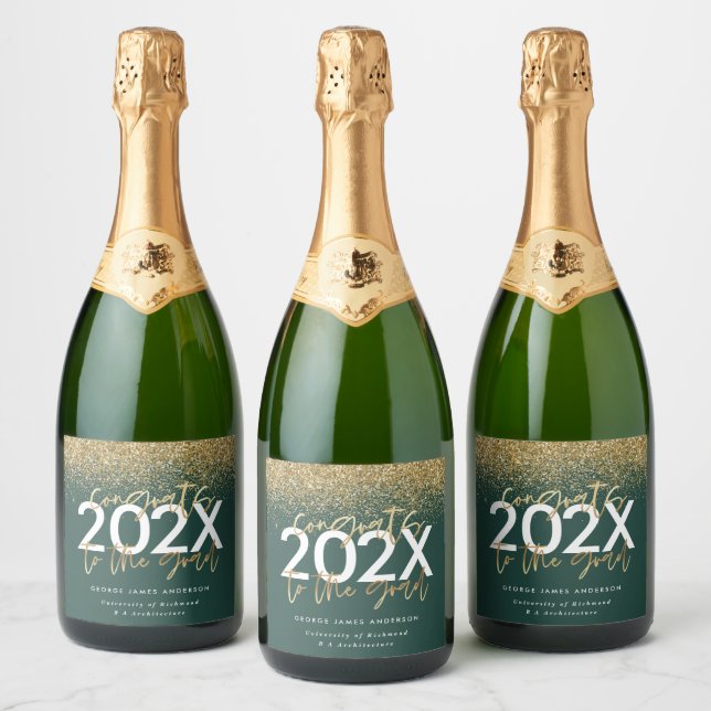 green and gold modern script glitter graduation sparkling wine label (Bottles)