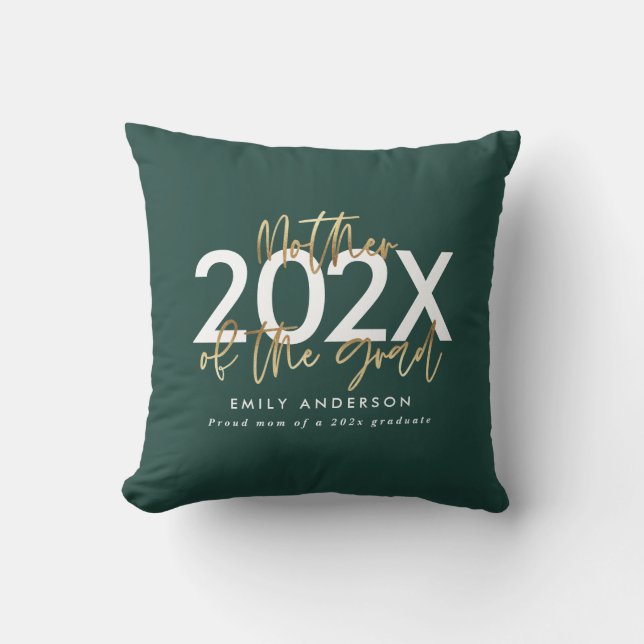 green and gold modern script photo graduation cushion (Front)