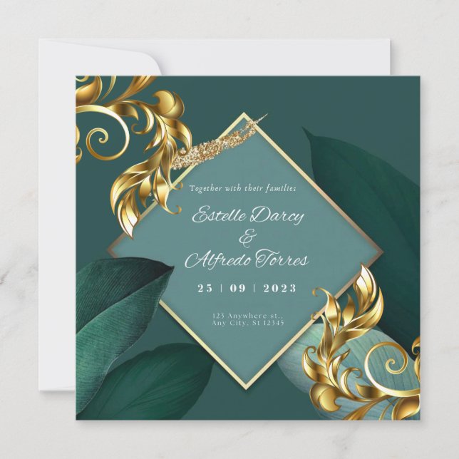 Green and Gold Modern Virtual Wedding Invitation (Front)