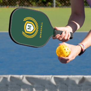 Green and Gold Monogram Logo Crest Pickleball Paddle