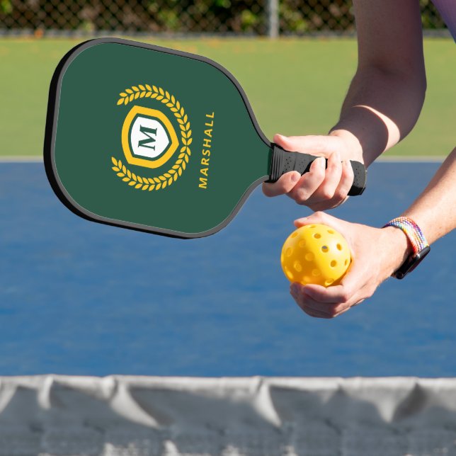 Green and Gold Monogram Logo Crest Pickleball Paddle (Insitu)