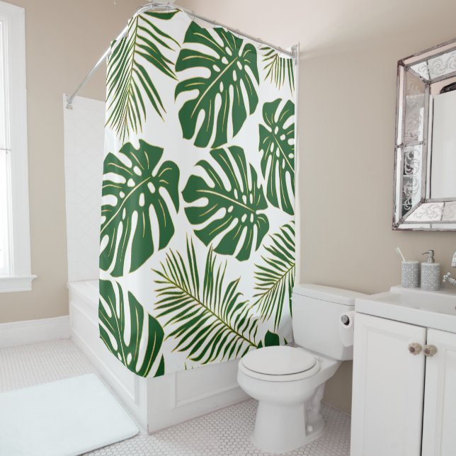 Green and gold monstera and  palm tropical leaves shower curtain (In Situ)