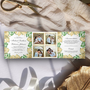 Green and Gold Monstera Palm Photo Collage Wedding Tri-Fold Invitation