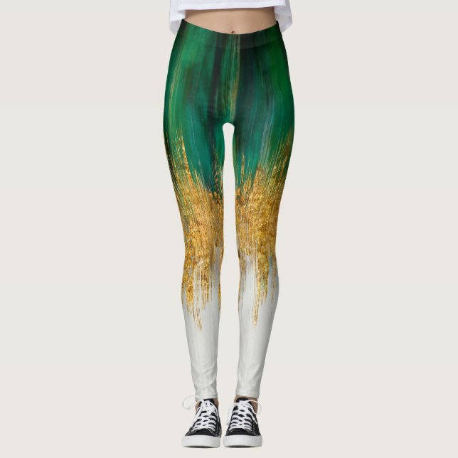 Green and gold motion abstract leggings (Front)