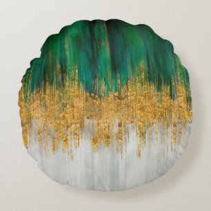 Green and gold motion abstract round cushion