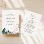 Green and Gold Mountain All In One Wedding Invitation<br><div class="desc">This green and gold mountain all in one wedding invitation is perfect for your elegant boho mountain forest wedding. With a rustic emerald green watercolor landscape dotted with trees,  birds,  and highlights of gold foil. It's just what you're looking for to complete your unique modern destination wedding.</div>