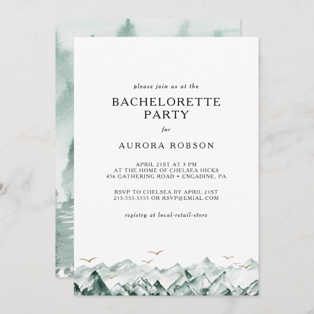 Green and Gold Mountain Bachelorette Party Invitat Invitation (Front/Back)