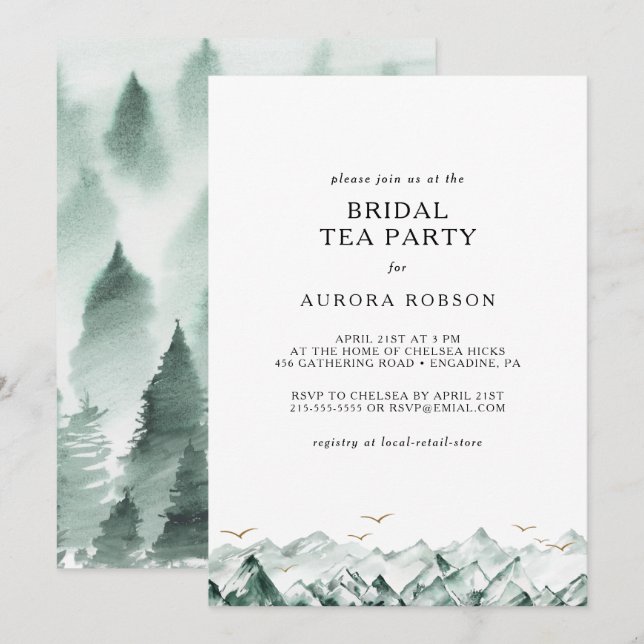 Green and Gold Mountain Bridal Tea Party Invitatio Invitation (Front/Back)