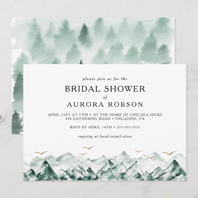 Green and Gold Mountain Horizontal Bridal Shower I Invitation (Front/Back)