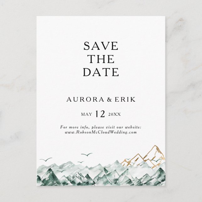 Green and Gold Mountain Save The Date Postcard (Front)
