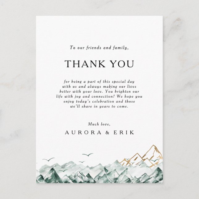 Green and Gold Mountain Thank You Reception Card (Front)