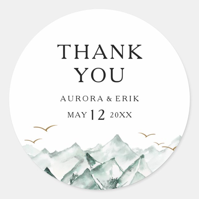 Green and Gold Mountain Thank You Wedding Favour Classic Round Sticker (Front)