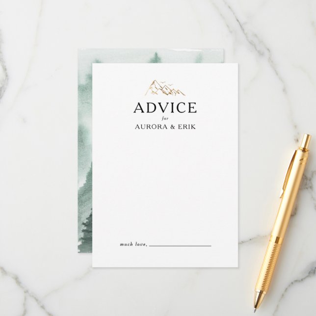Green and Gold Mountain Wedding Advice Card (Front/Back In Situ)