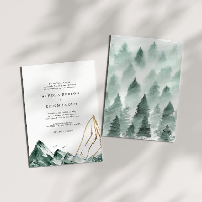 Green and Gold Mountain Wedding Invitation (Creator Uploaded)