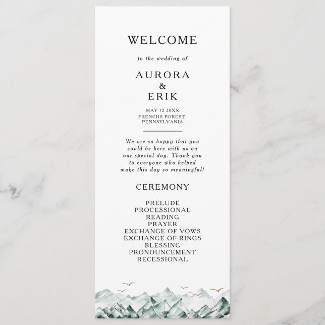 Green and Gold Mountain Wedding Program Programme (Front)