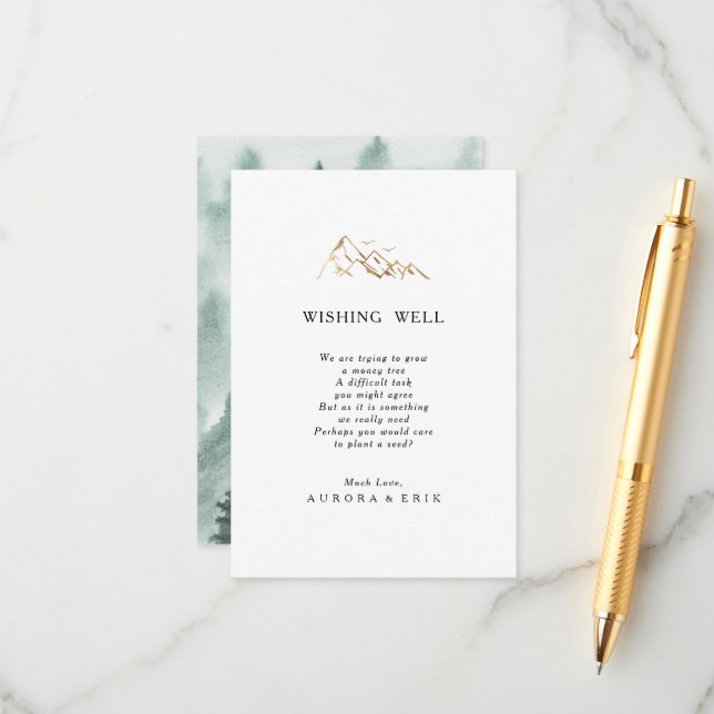 Green and Gold Mountain Wedding Wishing Well Card (Front/Back In Situ)