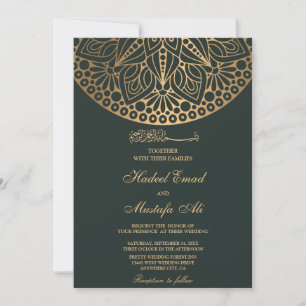 green and gold muslim wedding invitation