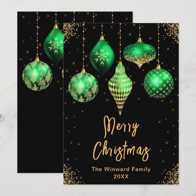 Green and Gold Ornaments Merry Christmas Holiday Card (Front/Back)