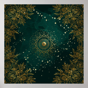 Green and Gold Ornate flourish floral Poster