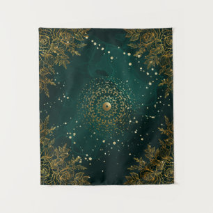 Green and Gold Ornate flourish floral Tapestry