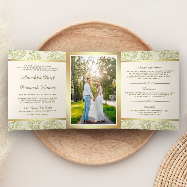 Green and Gold Paisley Indian Style Wedding Photo Tri-Fold Invitation (Creator Uploaded)