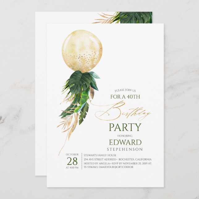 Green and Gold Palm Leaves Giant Balloon Birthday Invitation (Front/Back)