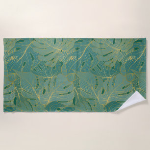 Green and gold palm leaves pattern beach towel