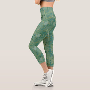 Green and gold palm leaves pattern capri leggings