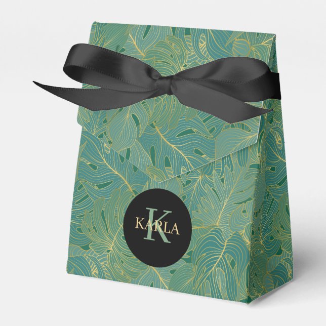 Green and gold palm leaves pattern favour box (Front Side)