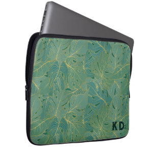 Green and gold palm leaves pattern laptop sleeve