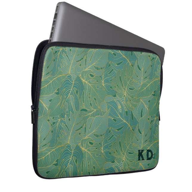 Green and gold palm leaves pattern laptop sleeve (Front Right)