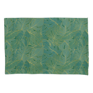 Green and gold palm leaves pattern pillowcase