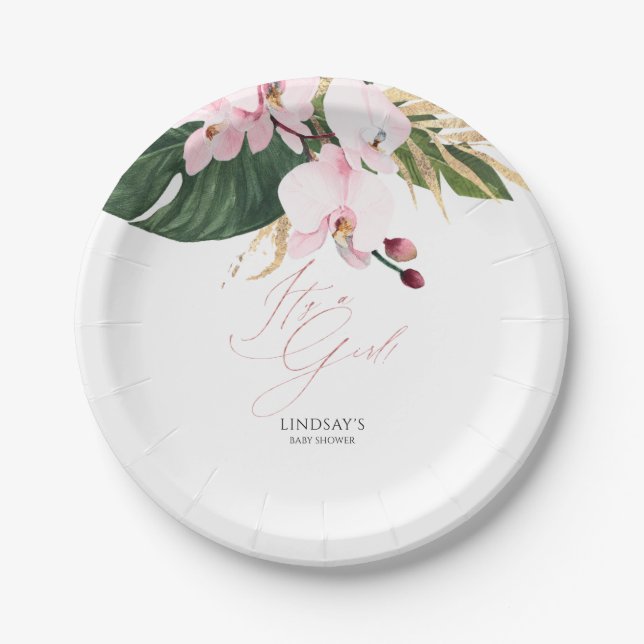 Green and Gold Palm Leaves Pink Orchids Elegant Paper Plate (Front)