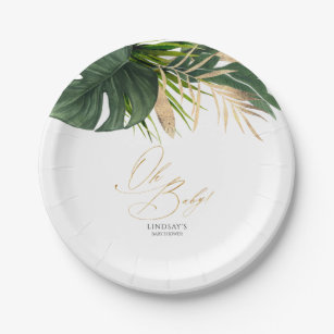 Green and Gold Palm Leaves Tropical Elegant Paper Plate