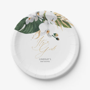 Green and Gold Palm Leaves White Orchids Elegant Paper Plate