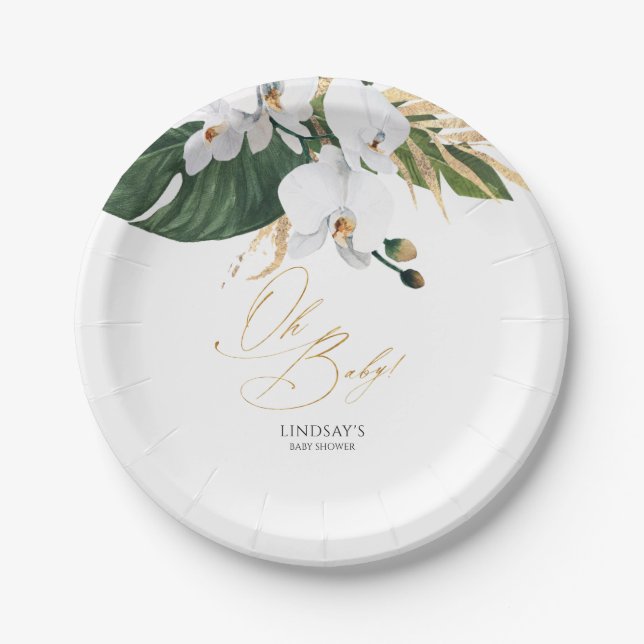 Green and Gold Palm Leaves White Orchids Elegant Paper Plate (Front)