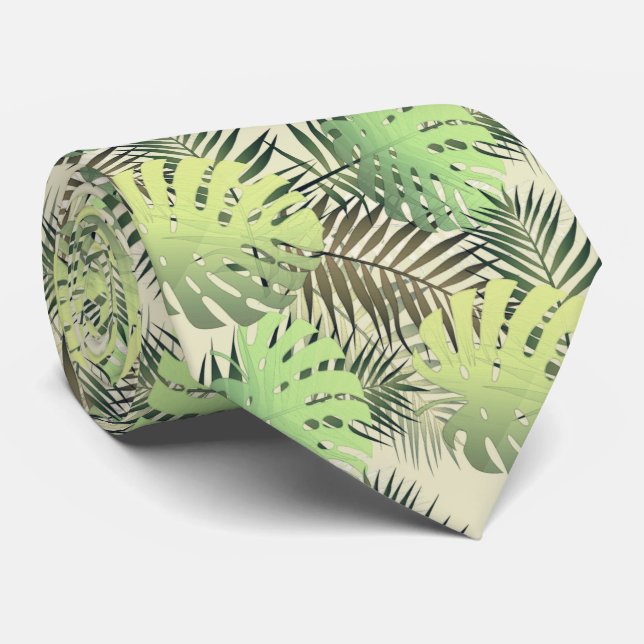 Green and gold palm tropical leaves neck tie (Rolled)