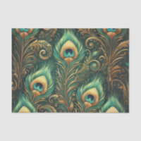 Green and Gold Peacock Feathers Decoupage Paper