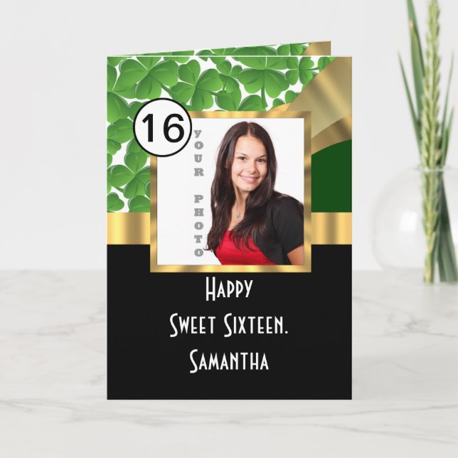Green and gold personalised sweet sixteen card (Front)