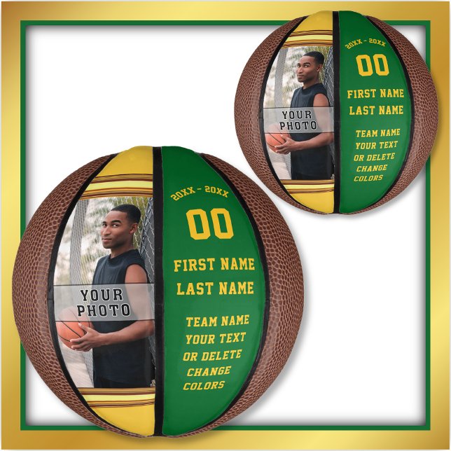 Green and Gold, Photo, Custom Mini Basketball,  Mini Basketball (Senior night gift ideas for basketball. Green and Gold Basketball. Gifts for basketball players.)
