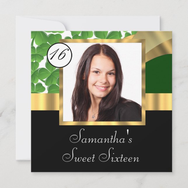 Green and gold photo sweet sixteen invitation (Front)