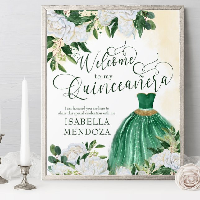 Green and Gold Princess Gown Quinceanera Welcome Poster (Quinceanera welcome poster with princess gown from my Emerald Greenery & White Peony collection)